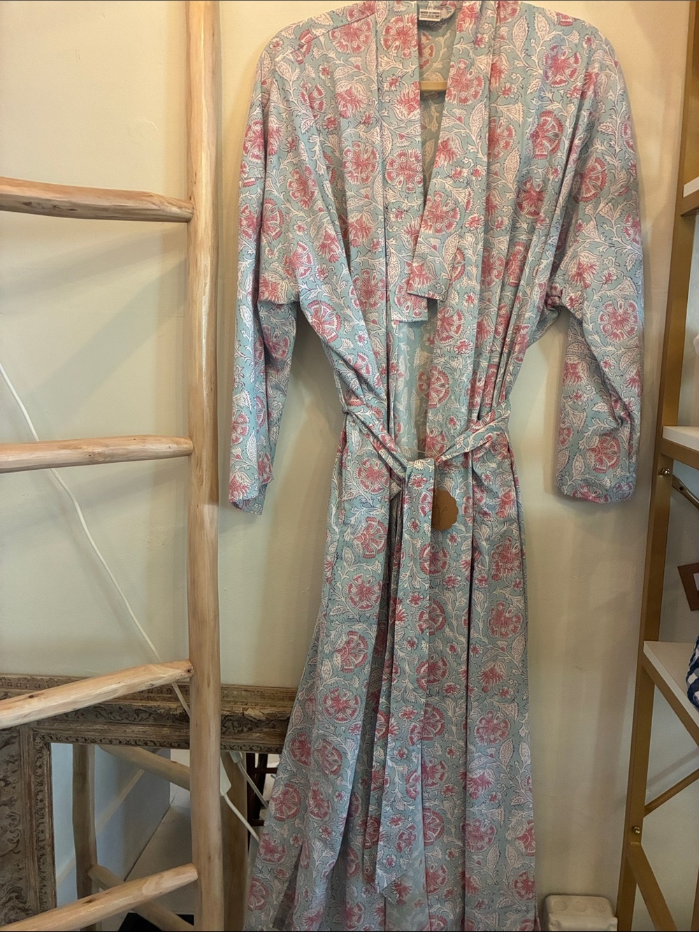 Light Blue & Pink Floral Indian Cotton Robe with Belt